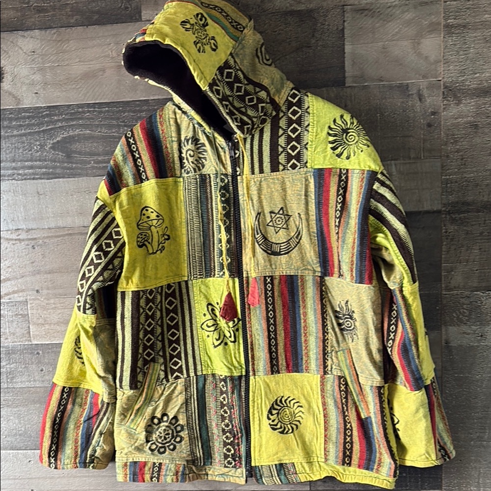 Colorful Rasta Coachella Patchwork Hooded Zipup Jacket Fleece lined